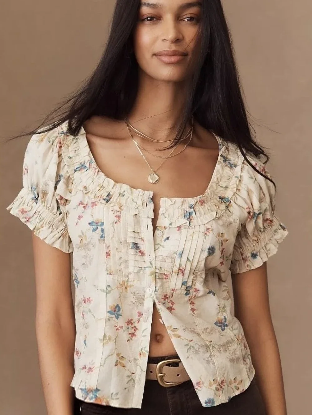 ANTHROPOLOGIE Pilcro Puff Sleeve Pintuck Cream Floral Peasant Top XS NWT